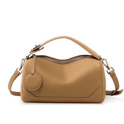 Caramel brown mini Boston handbag with adjustable shoulder strap