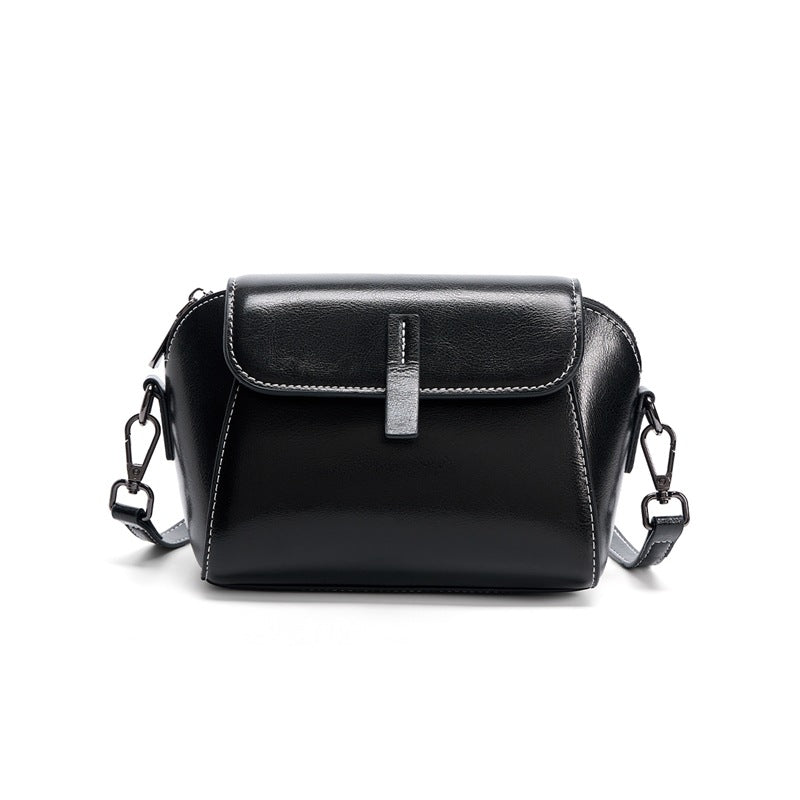 Cowhide Oil-Wax Leather Small Crossbody Bag in Black