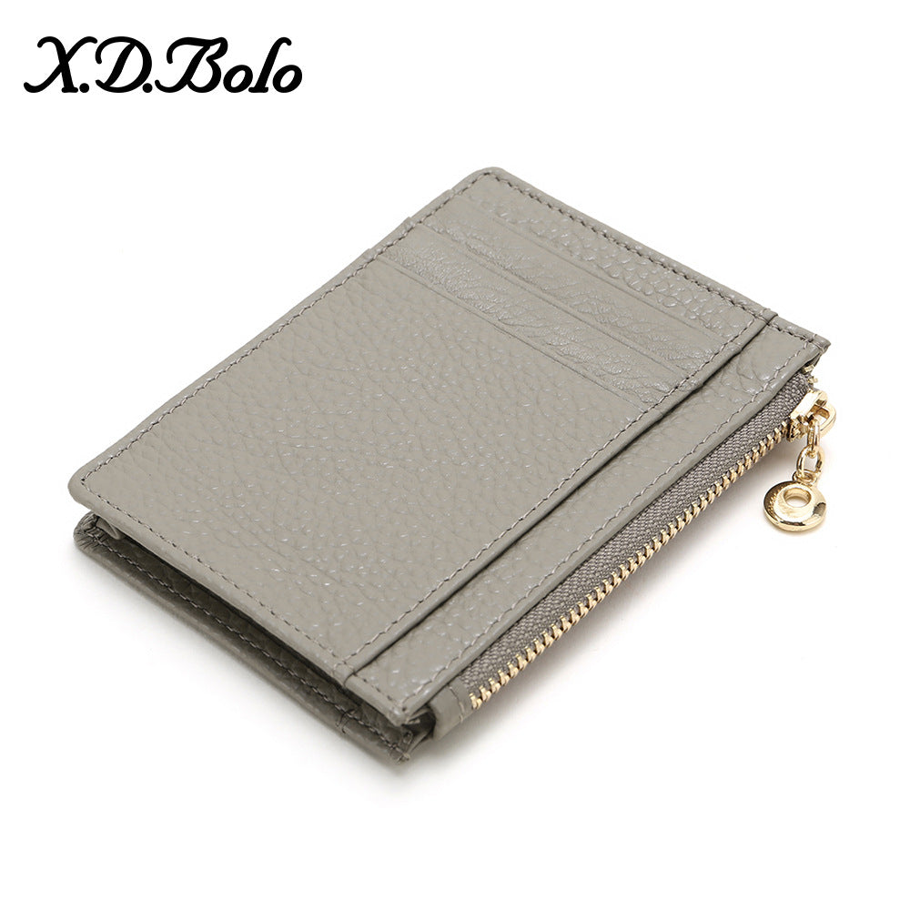 Top-Grain Cowhide Slim Card Holder with Zip Coin Pocket in Light Gray