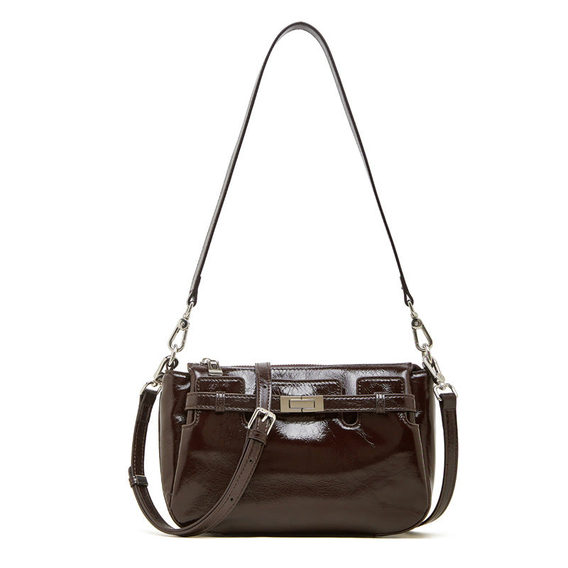 Top-Grain Waxed Leather Shoulder Bag with Adjustable Strap in Coffee