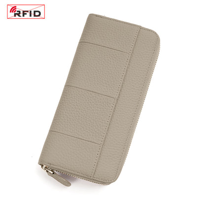 Top-Grain Cowhide Zip-Around Long Wallet with RFID Blocking in Color Block - Orange