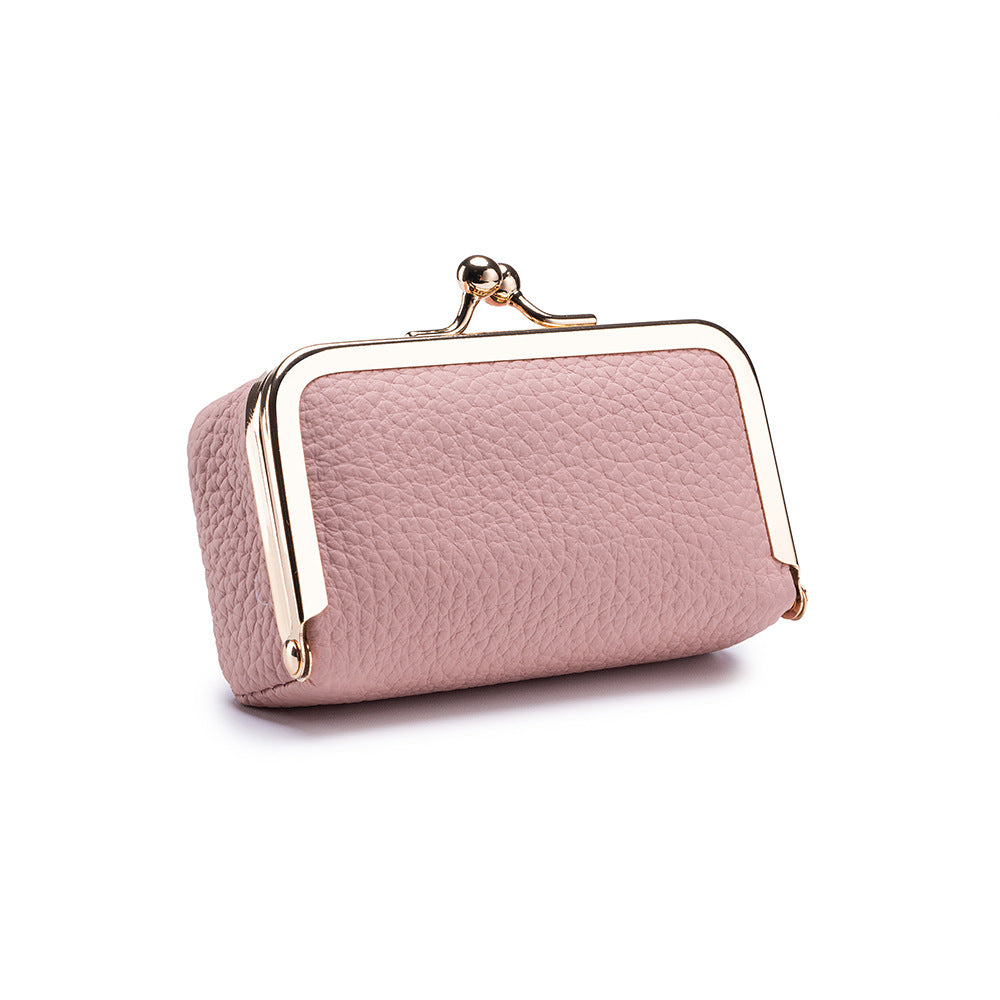 Pink pebbled pouch shown from the back