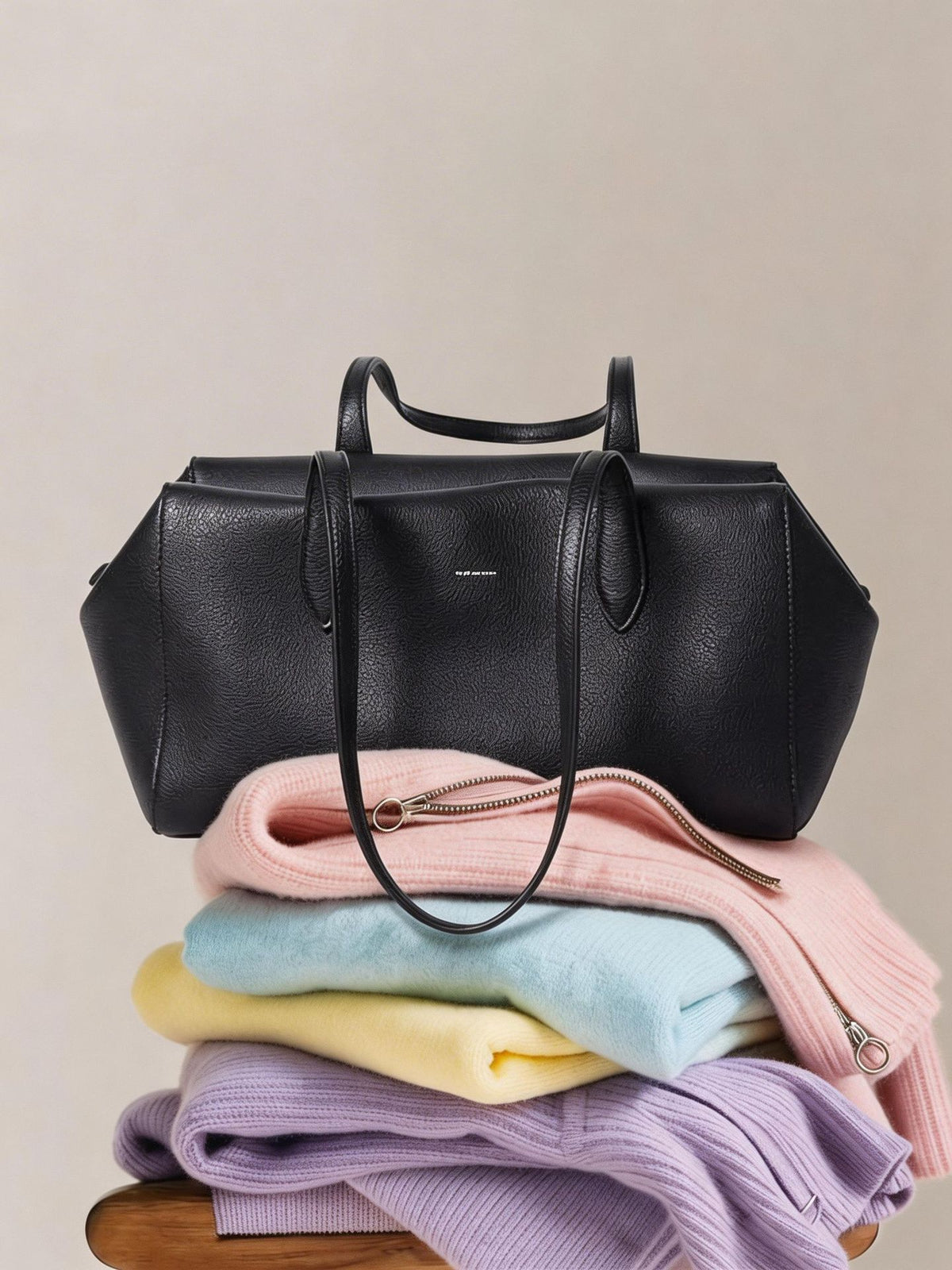 Black leather tote styled with folded knitwear