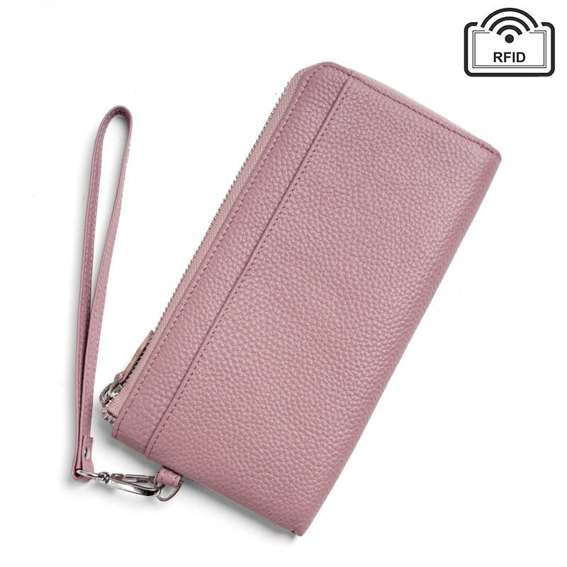 RFID-Blocking Pebbled Cowhide Long Zip Clutch in Light Purple