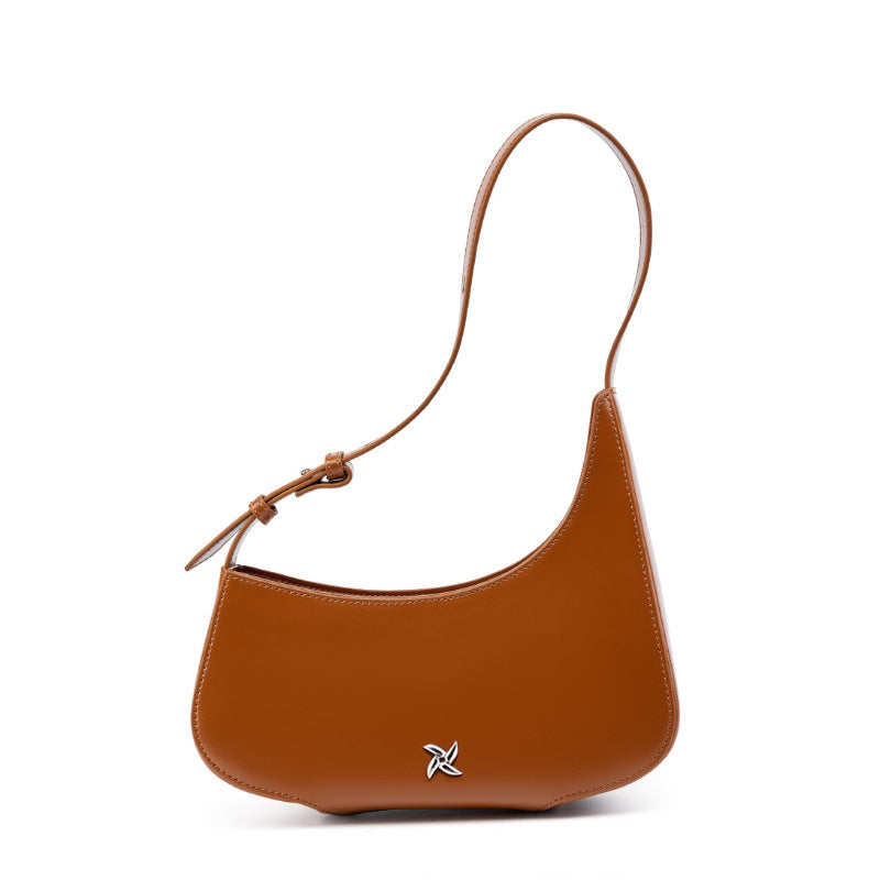 Brown cowhide leather crescent shoulder bag with silver-tone logo