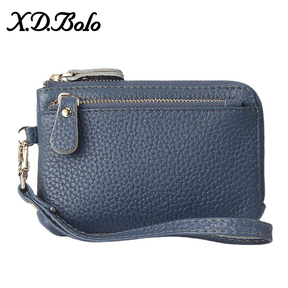 Blue cowhide leather mini wallet with external card slots