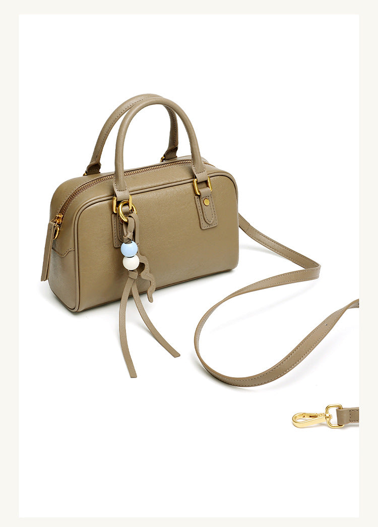 Cowhide Leather Double-Handle Pillow Crossbody Bag