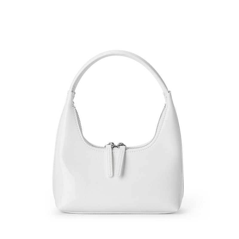 Cream glossy cowhide mini hobo bag with double zipper, front view