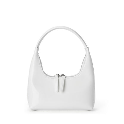 Cream glossy cowhide mini hobo bag with double zipper, front view