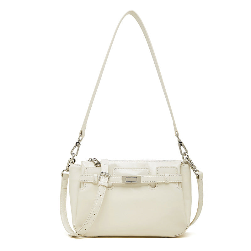 Pearl white leather shoulder bag on white background