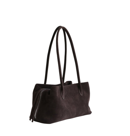 Dark brown tote shown at an angle