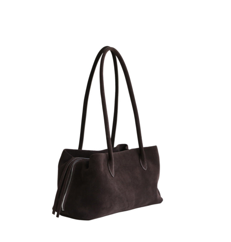 Coffee nubuck tote shown at a three-quarter angle