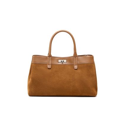 Suede Cowhide Top-Handle Shoulder Bag in Caramel Brown Suede