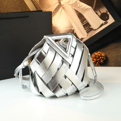 Silver woven bucket bag with shoulder strap