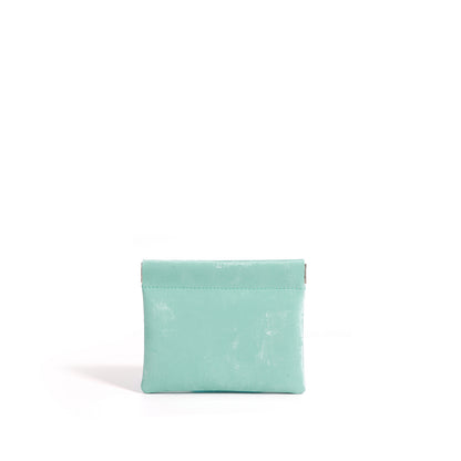 Satin Cowhide Mini Card Pouch with Spring Clasp Closure in Sky Aqua