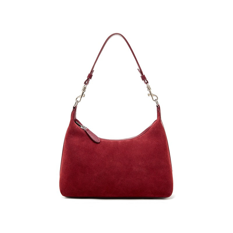 Cowhide Suede-Panel Shoulder Bag in Burgundy, 12.2 x 3.5 x 10.2 in