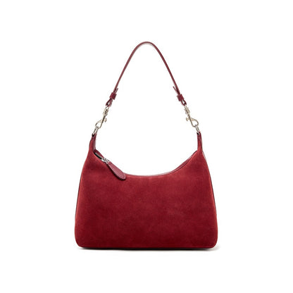 Cowhide Suede-Panel Shoulder Bag in Burgundy, 12.2 x 3.5 x 10.2 in