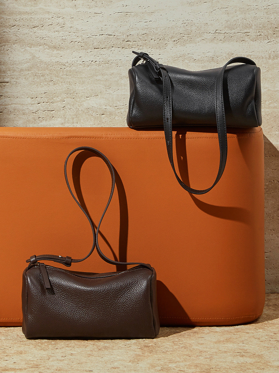 Cowhide Leather Small Barrel Crossbody Bag — group shot with other colourways