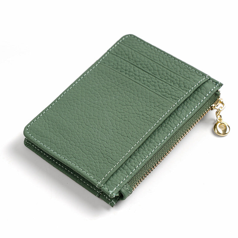 Avocado green top-grain cowhide card holder with zip coin pocket