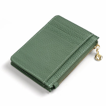 Avocado green top-grain cowhide card holder with zip coin pocket