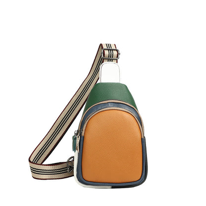 Orange and green colorblock leather sling bag front view