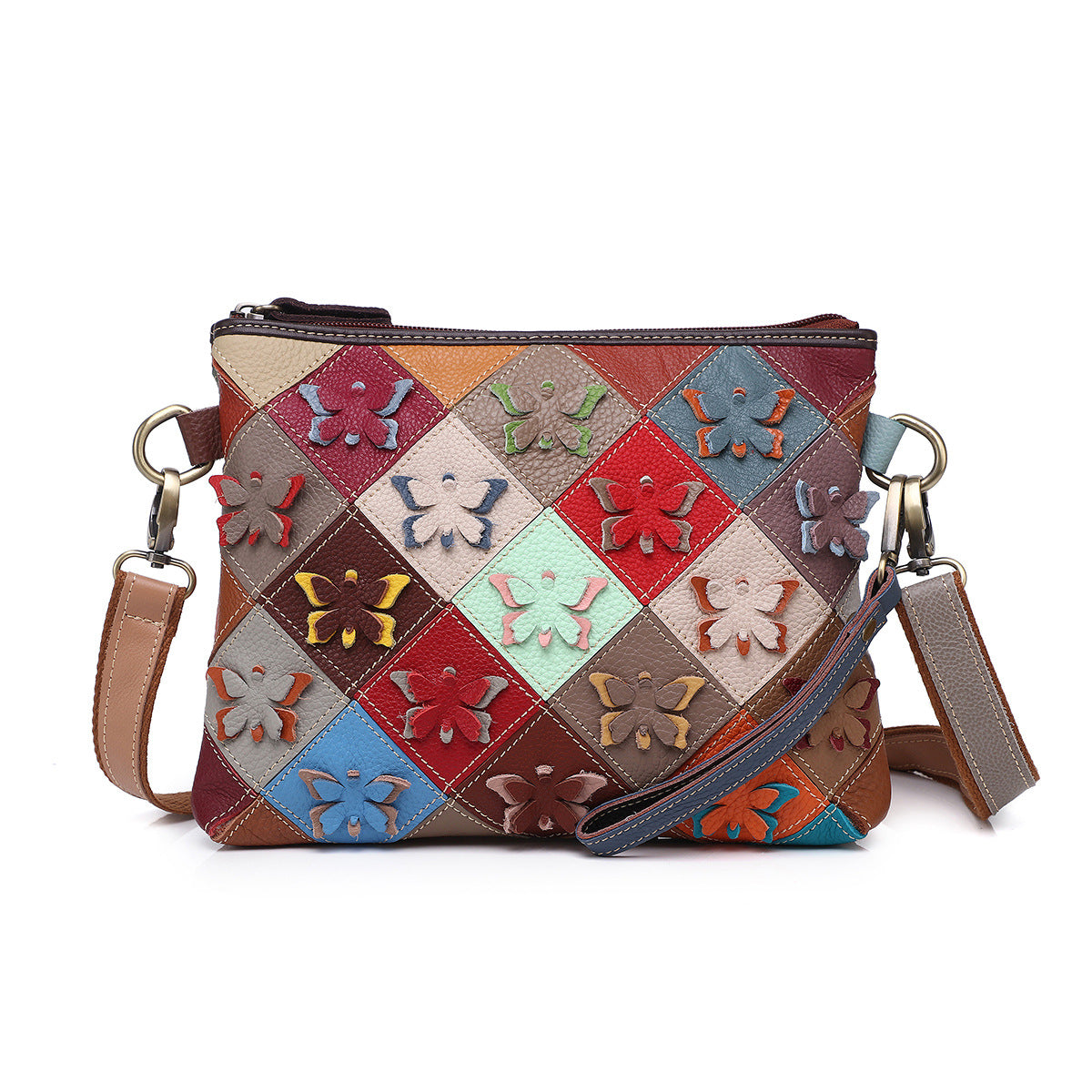 Front view of multicolor cowhide shoulder bag with diamond patchwork and flower appliques