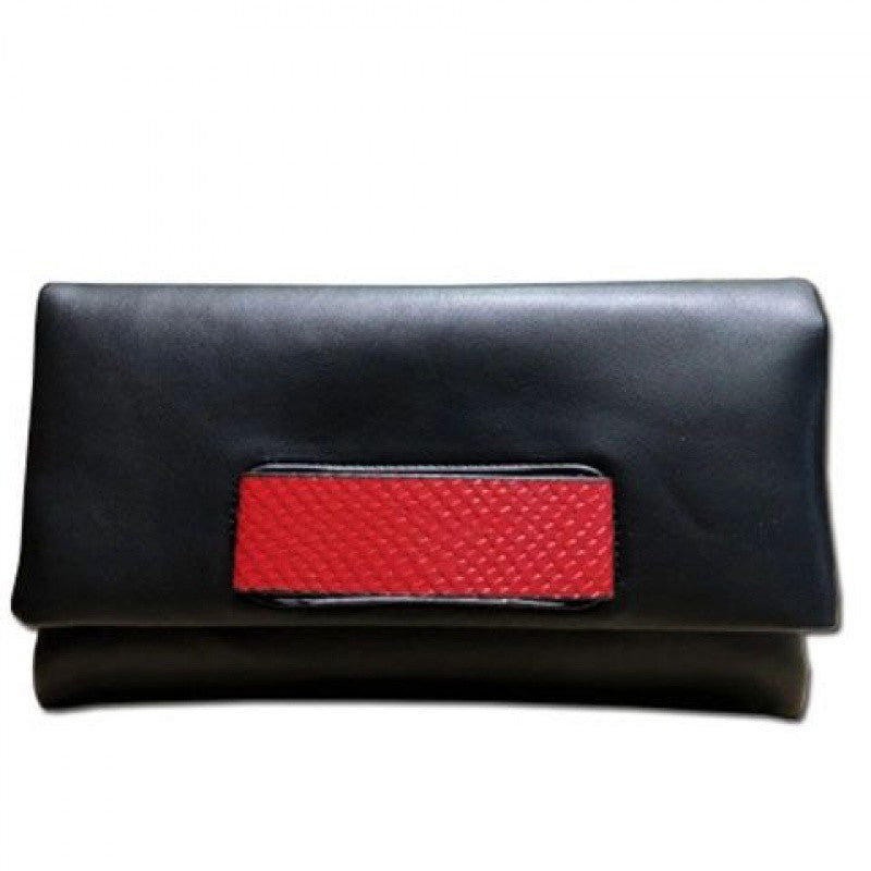 Front view of black clutch with red contrast panel
