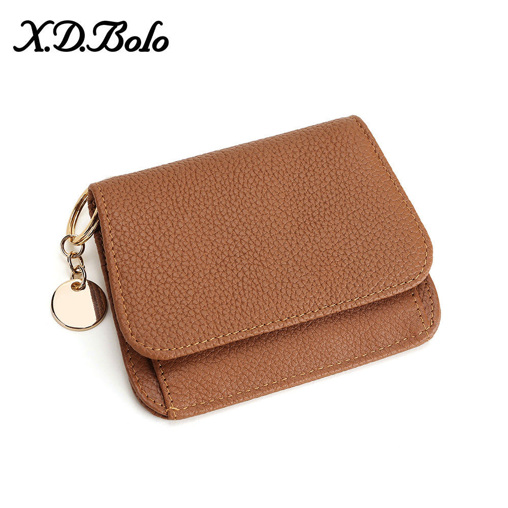 Genuine Leather RFID-Blocking Mini Wallet with Keyring Charm in Round Tag Brown