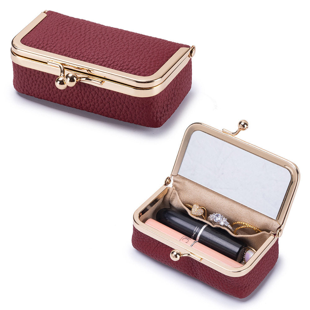 Top-Grain Cowhide Lipstick and Jewelry Pouch with Mirror in Burgundy