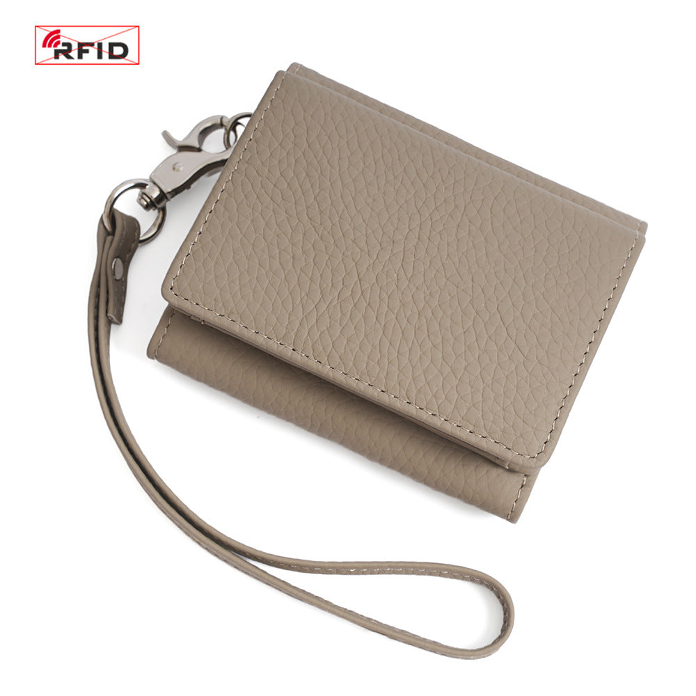 Cowhide Leather Tri-Fold RFID-Blocking Wallet in Beige