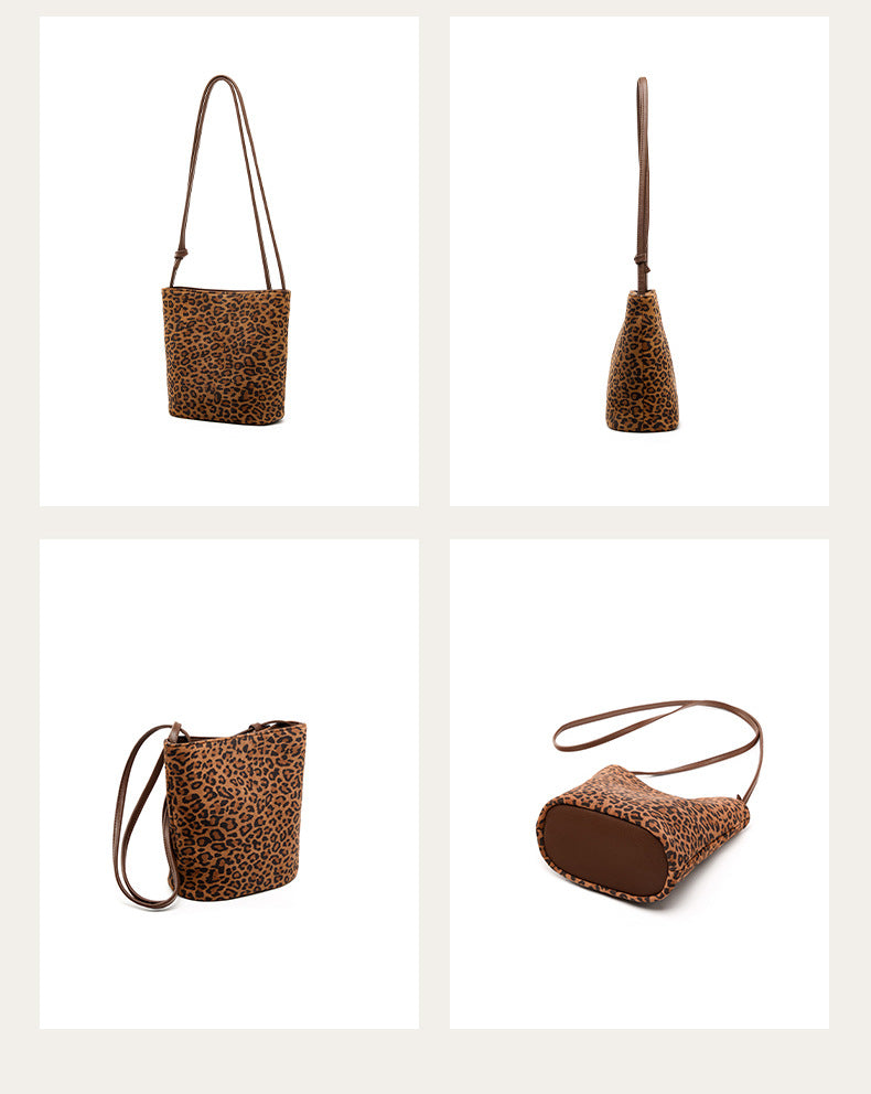 Leopard print nubuck bucket bag four angle product collage on white