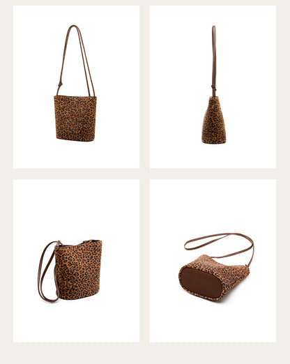 Leopard print nubuck bucket bag four angle product collage on white