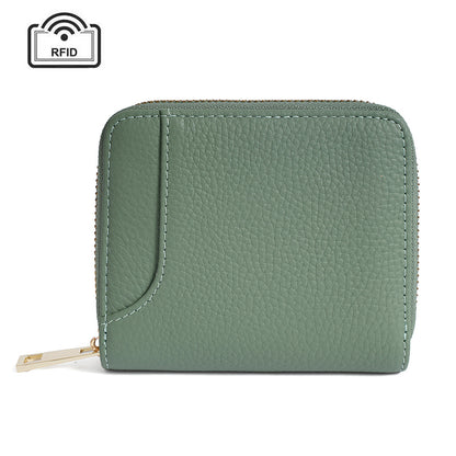 Ocean green pebbled cowhide zip wallet with RFID blocking, front view