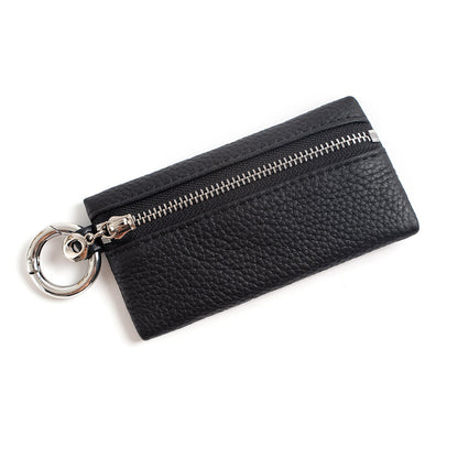 Black pebbled leather keychain pouch with smooth metal zip, front view