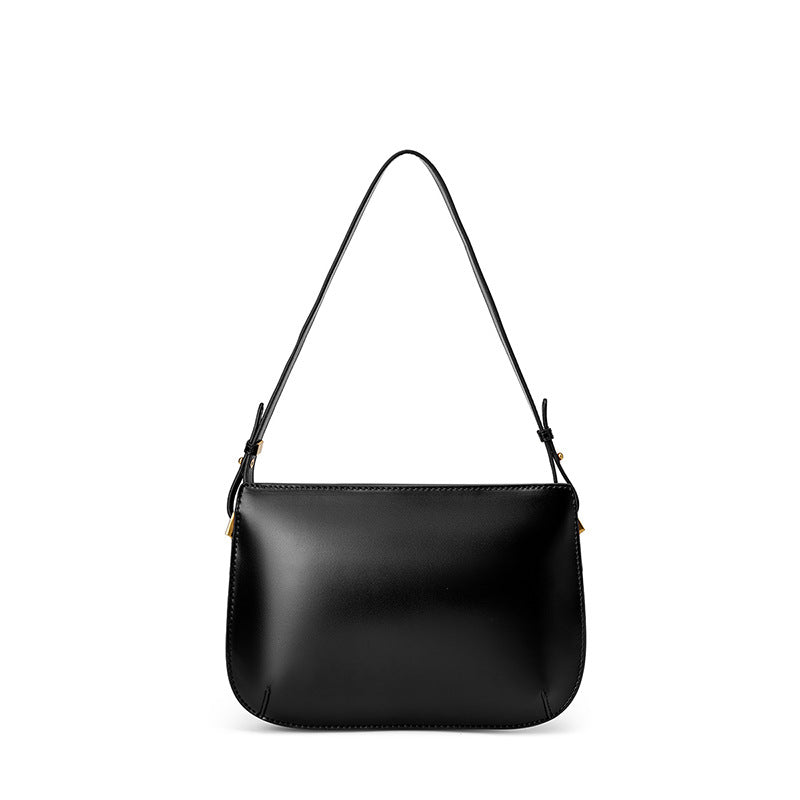 Black cowhide leather underarm bag shown from the front on a white background