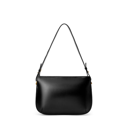 Black cowhide leather underarm bag shown from the front on a white background
