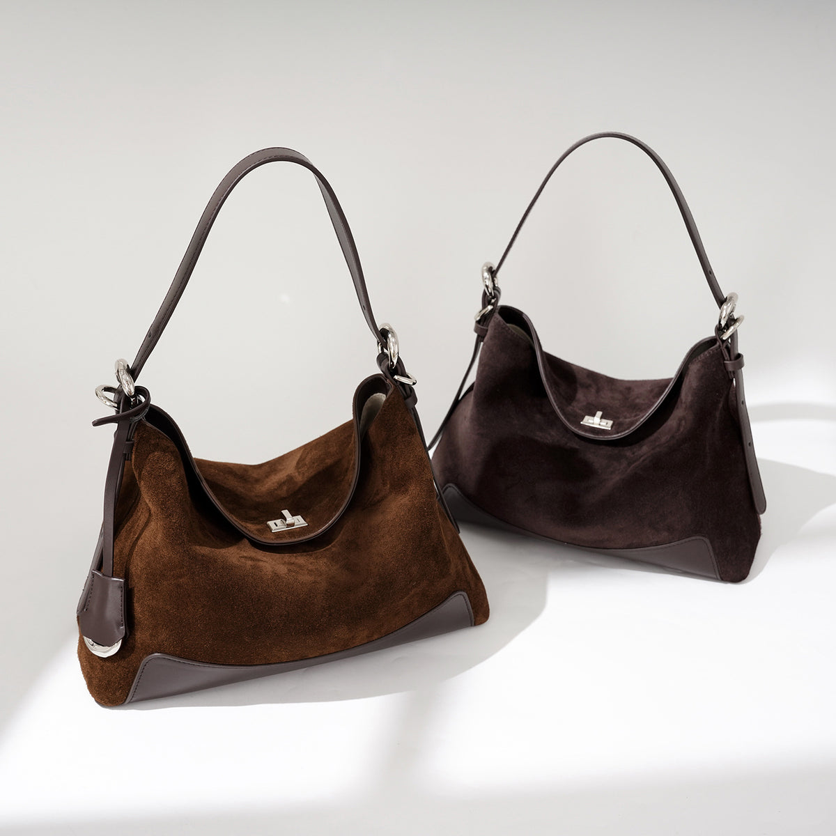 Two split suede leather shoulder totes in brown and dark coffee