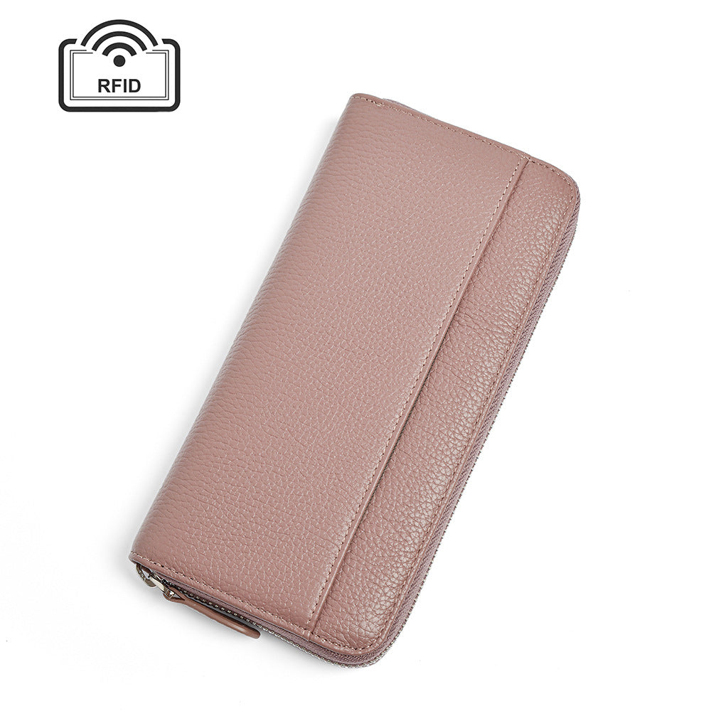 Leather Long Zip Clutch RFID Wallet in Lotus Pink