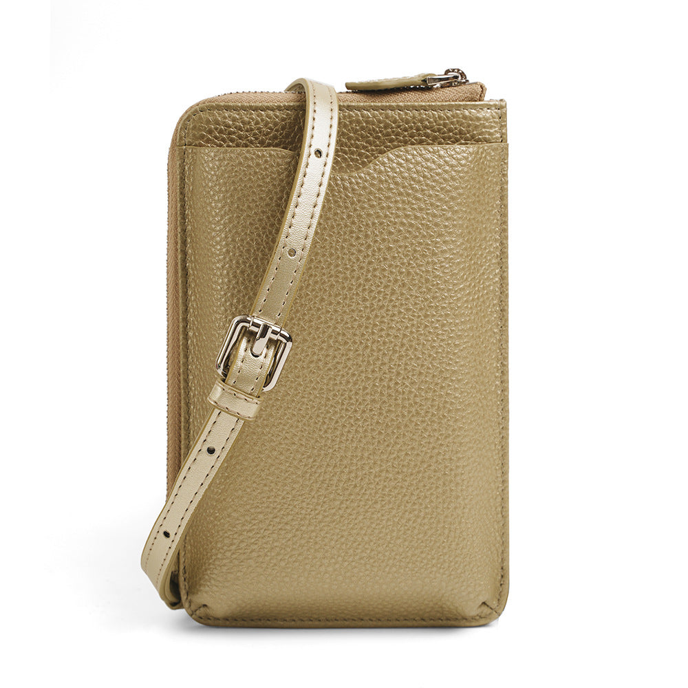 Caramel coffee leather phone crossbody bag with buckle strap and back pocket