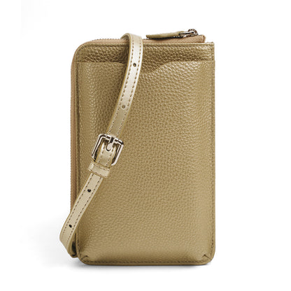 Caramel coffee leather phone crossbody bag with buckle strap and back pocket
