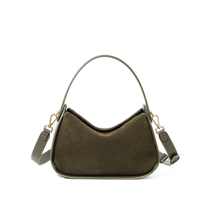 Suede-Finish Cowhide Small Plus Shoulder Bag in Army Green