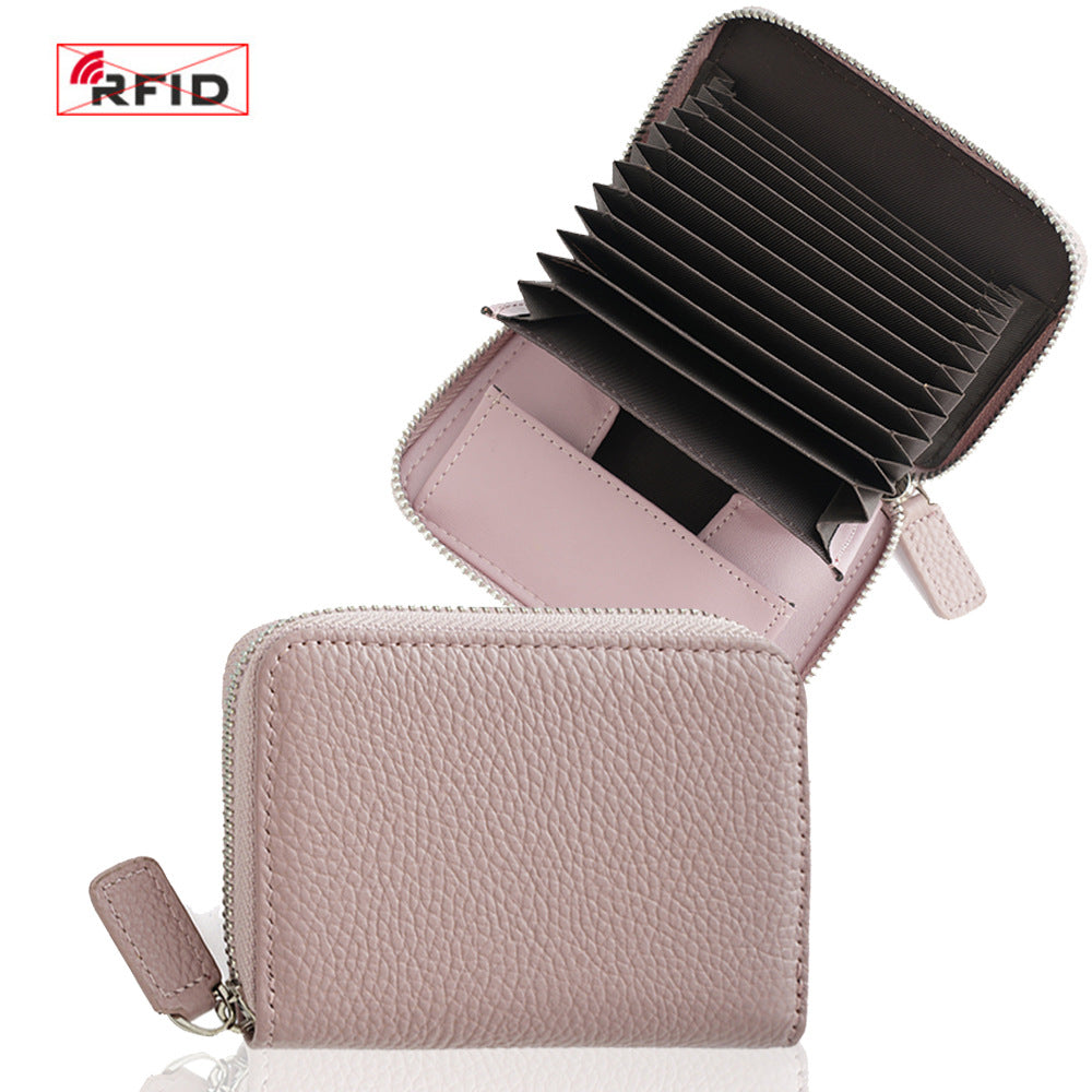 Top-Grain Cowhide Zip Wallet with RFID-Blocking Card Slots in Light Purple