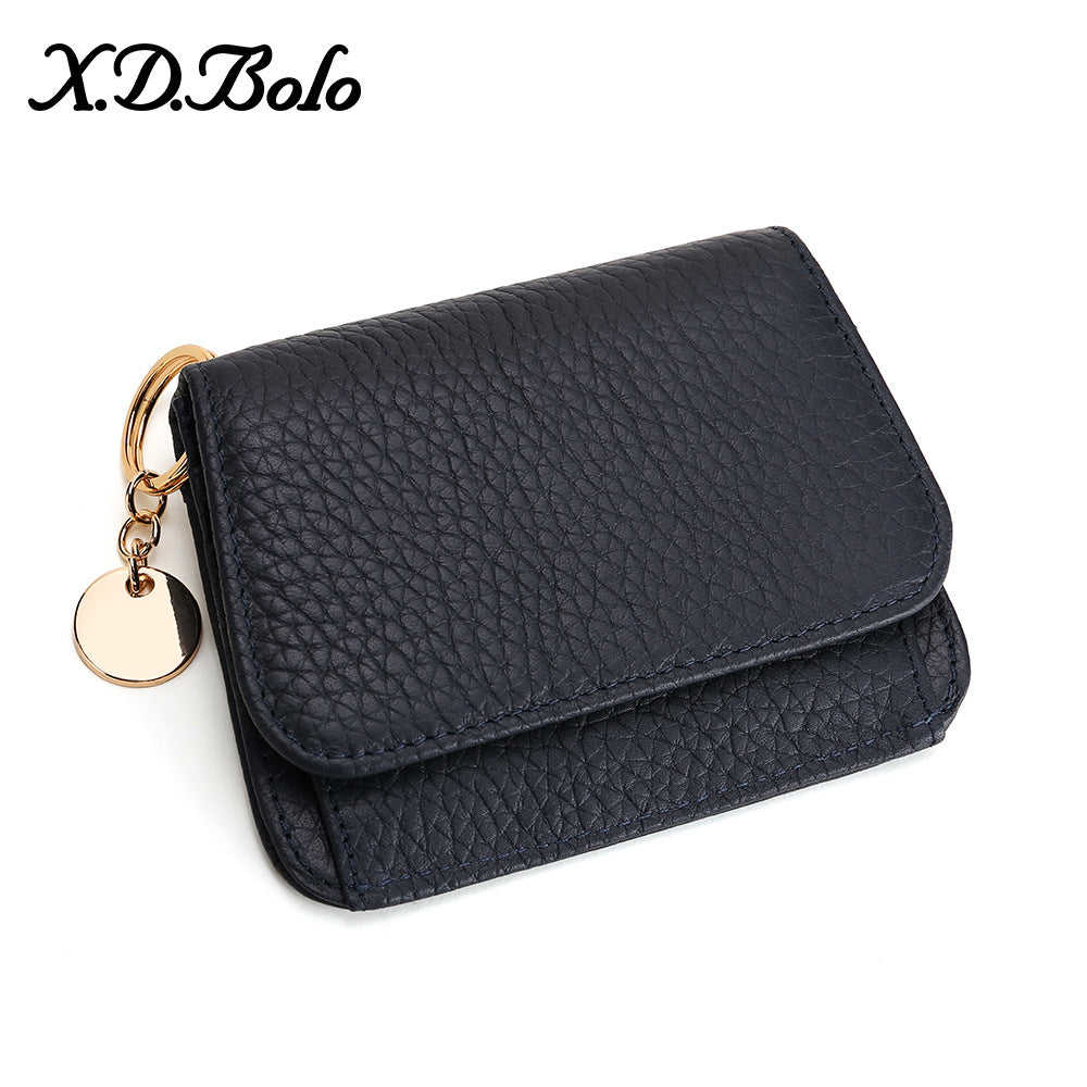 Genuine Leather RFID-Blocking Mini Wallet with Keyring Charm in Round Tag Blue