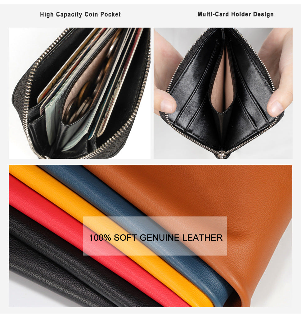 Close-up of zip coin pocket and multi-card holder interior in soft genuine leather