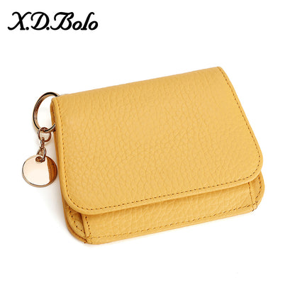 Genuine Leather RFID-Blocking Mini Wallet with Keyring Charm in Round Tag Yellow