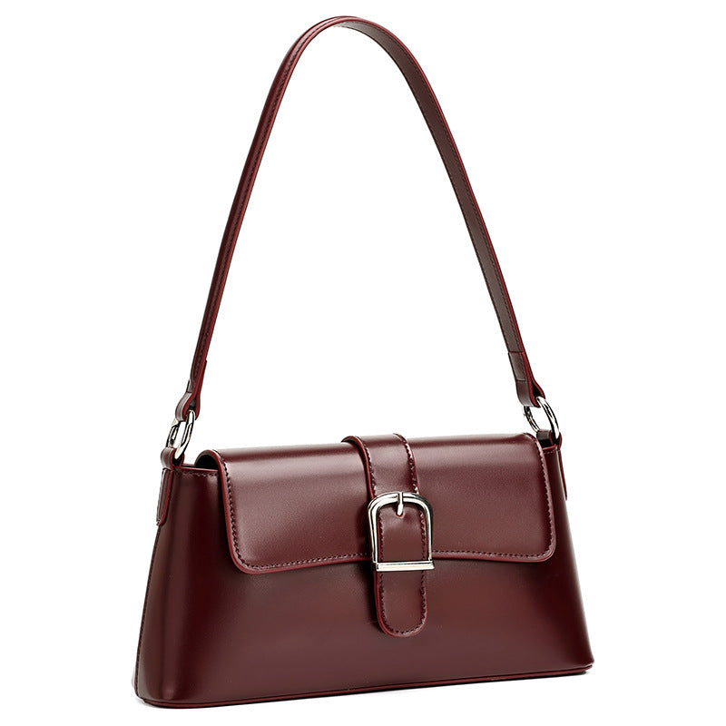 Genuine Leather Baguette Shoulder Bag with Metal Buckle in Burgundy, 11.0 x 5.5 x 2.8 in