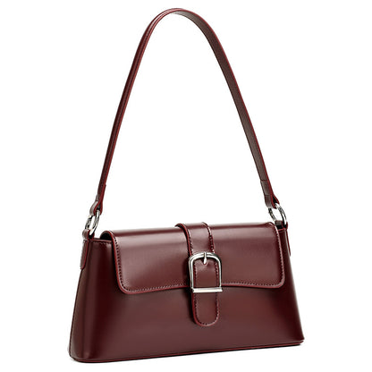 Genuine Leather Baguette Shoulder Bag with Metal Buckle in Burgundy, 11.0 x 5.5 x 2.8 in