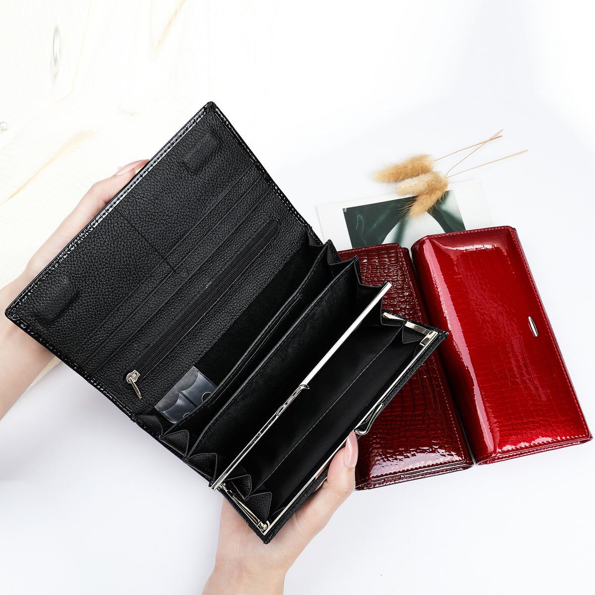 Open wallet interior showing card slots, bill compartments, and zip pocket