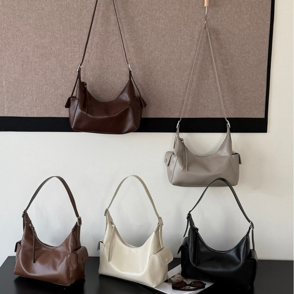 Close-up view of the bag lining and exterior leather detail