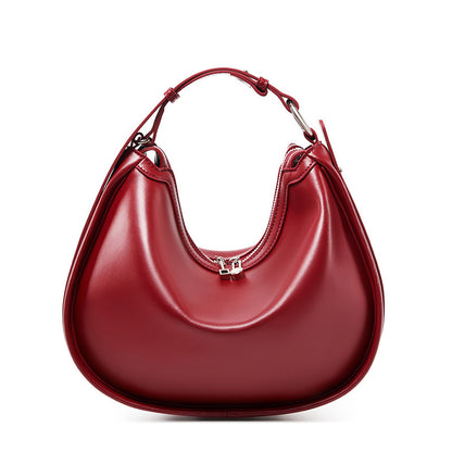Burgundy cowhide leather crescent shoulder bag with zip closure